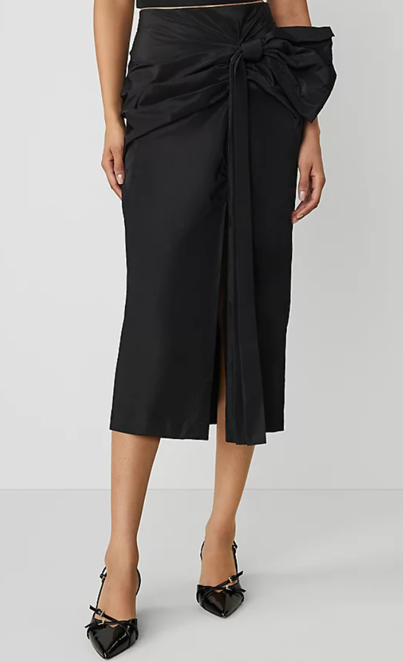 NWOT Ann TaylorBlack Taffeta Draped Bow Midi Skirt 0 Petite